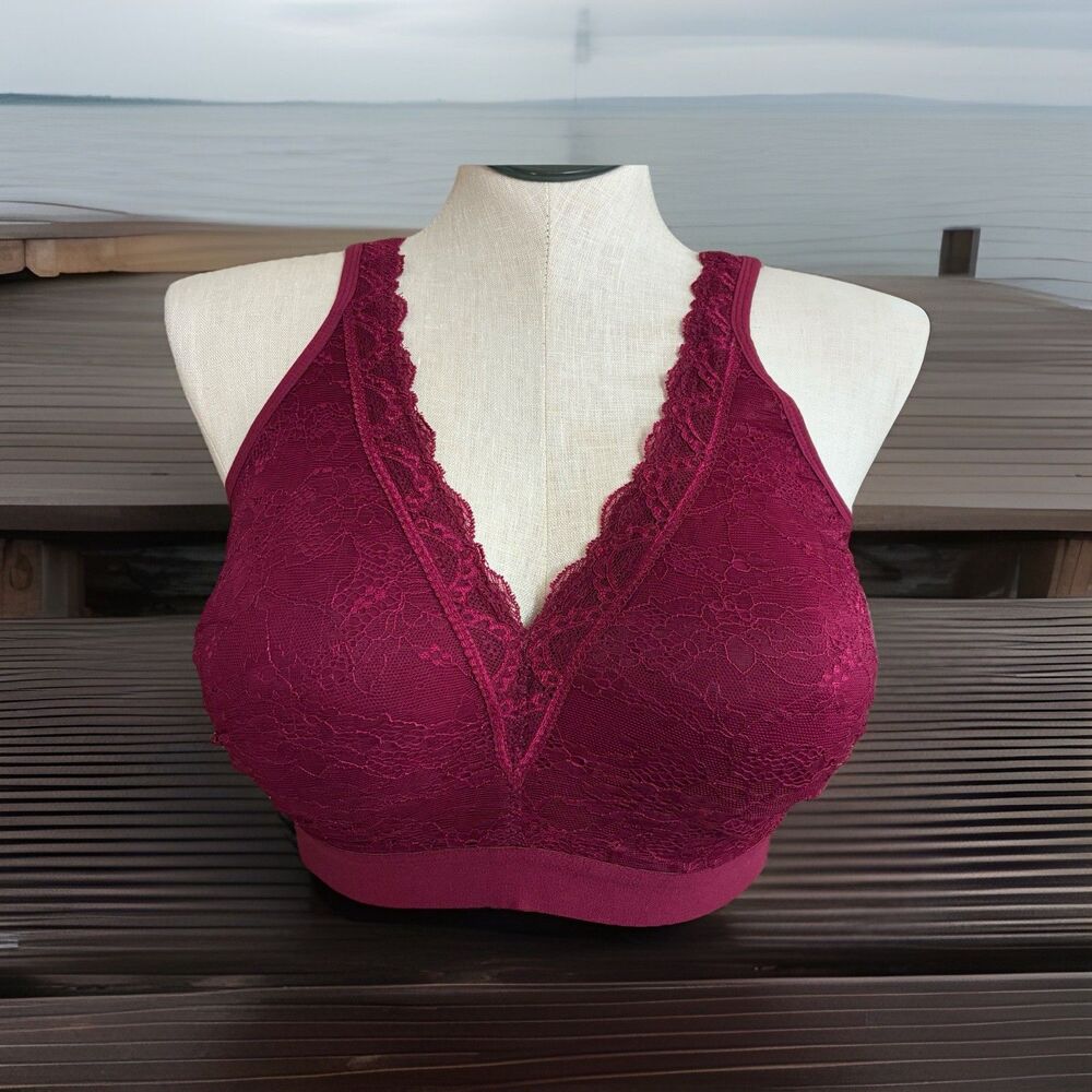 Comfort Choice Full Figure Wireless Bra 50C Red Lacey Lightly Lined Back Closure